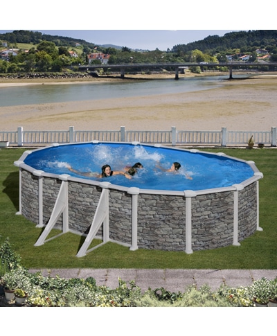 GRE - Piscina Fuori Terra Ovale CORCEGA 730 - 730x375x132 cm con decorazione pietra