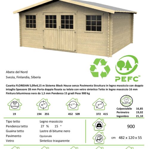 Casetta in legno Floridan Rettangolare Dimensioni esterne 478x398 cm - 19,02 m2 Spessore pannelli 28 mm