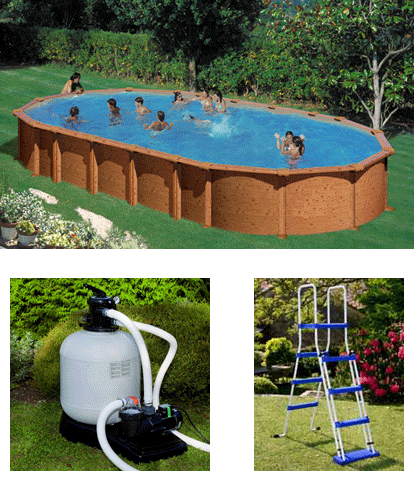 GRE – Piscina Fuori Terra Ovale AMAZONIA 610 – 610x375x132 cm con decorazione legno e sistema Omega