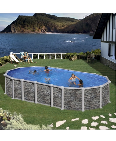 GRE - Piscina Fuori Terra Ovale SANTORINI - 730x375x132 cm con decorazione pietra e sistema Omega