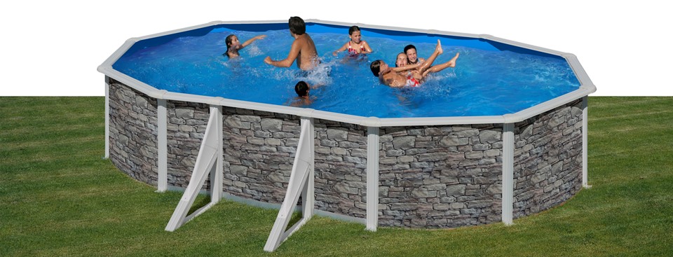 GRE - Piscina Fuori Terra Ovale CERDENA 500 - 500x300x120 cm con decorazione pietra