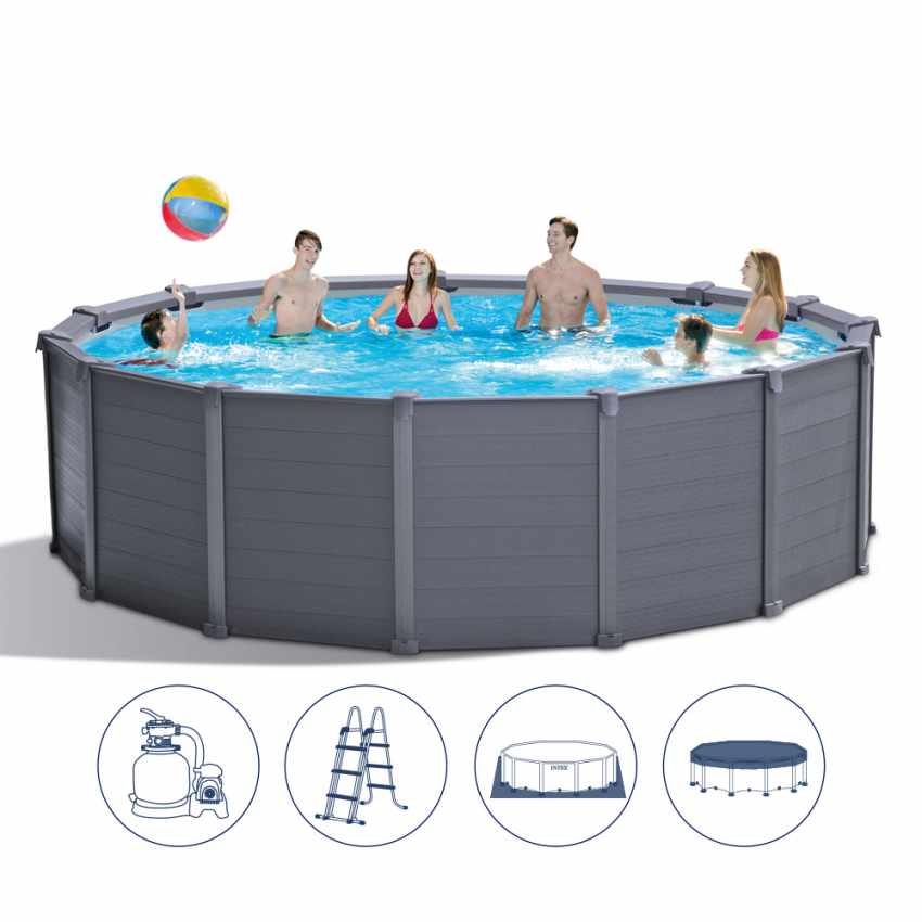 INTEX – Piscina in pannelli in grafite Rotonda 478x124 cm con pompa filtro a sabbia + accessori – cod. 26384